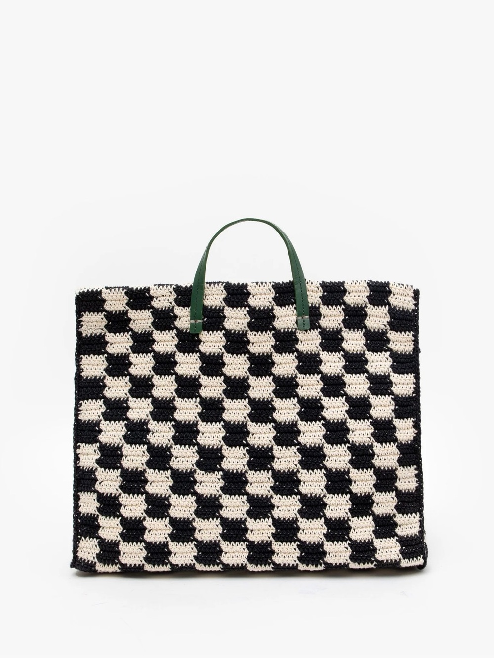 Clare V Black & Cream Checkered Crochet Tote with Green Handles